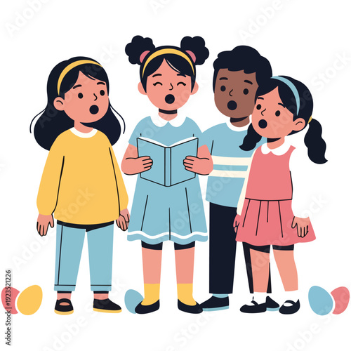 Four diverse young children singing together, one holding a songbook, with colorful Easter eggs scattered around them, depicting a joyful spring or holiday scene.