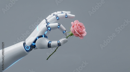 White Robotic Hand Gently Holding a Delicate Pink Rose Flower
