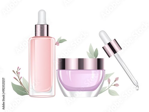 Chic skincare essentials serum dropper bottle and lavish cream jar, adorned with subtle botanicals for natural beauty and radiant complexion