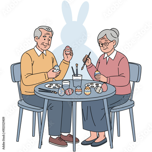 Elderly couple happily painting colorful Easter eggs together at a table, enjoying a creative holiday activity with a subtle bunny silhouette.