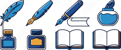 Classic Writing Tools Outline Icons  Quill Pen, Ink Bottle, and Open Book