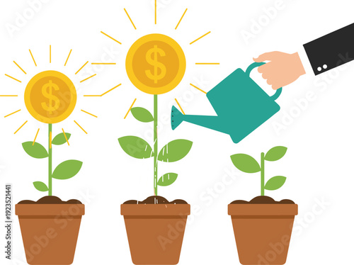 Business investment growth concept with watering money plants, financial success metaphor, saving profit increase vector illustration