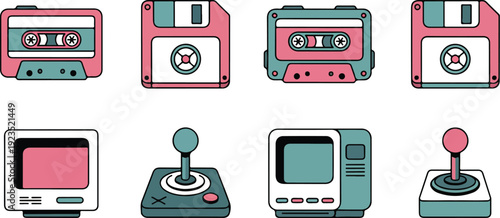 Retro Technology Outline Icons  Cassette, Floppy Disk, Vintage Monitor, Joystick