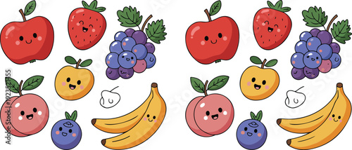 Cute Fruit Characters Outline Icons  Apple, Strawberry, Grapes, Peach, Blueberry, Banana