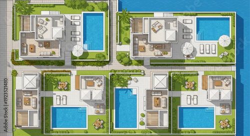 Aerial view of luxury villas with swimming pools and green gardens.