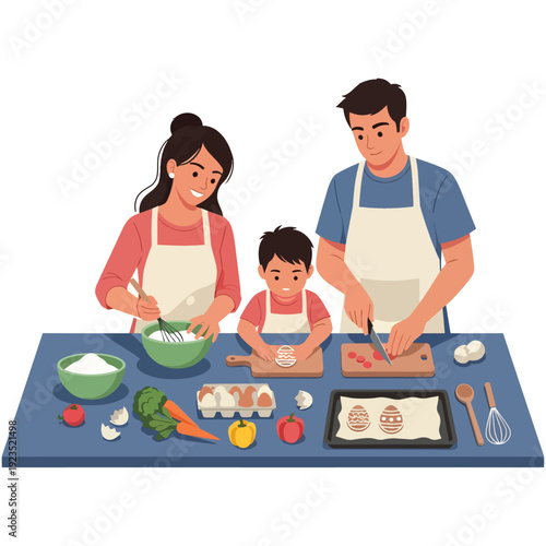 A happy family, including a mother, father, and child, cooking and baking together in a kitchen, preparing a meal with fresh ingredients and decorating cookies.