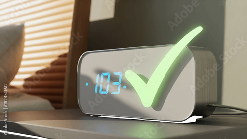 Modern digital alarm clock with green checkmark on screen