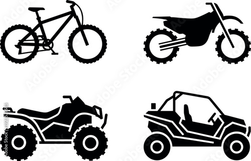 Off road vehicles silhouette set, mountain bike, motocross dirt bike, ATV quad bike, UTV side by side vector icons