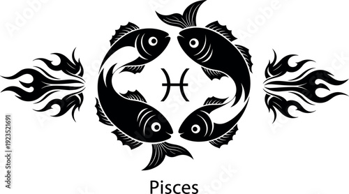 Pisces zodiac sign illustration, black fish artwork, astrological symbol design, horoscope drawing, mystical astrology art, decorative flame pattern style