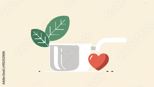 A clean minimalist illustration of a glass with a straw green leaves and a red heart on a beige background