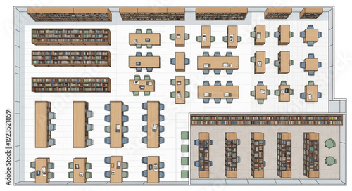 Top-down view of a room with various tables and seating arrangements for different purposes.