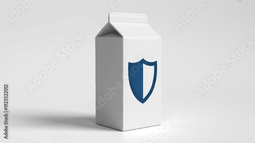 Clean minimalist milk carton with blue shield logo on white background