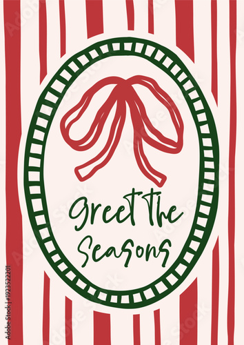 Whimsical Christmas vector card. Vintage retro holidays print design with bow illustration in coquette frame on striped background