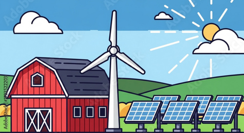 Renewable energy farm with solar panels and wind turbine beside red barn under sunny sky