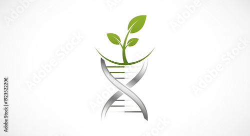 Genetic engineering symbol with green plant growing out of dna double helix on white background representing biotechnology and growth