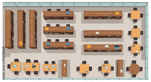 Top-down view of a restaurant layout with tables and seating arrangements.