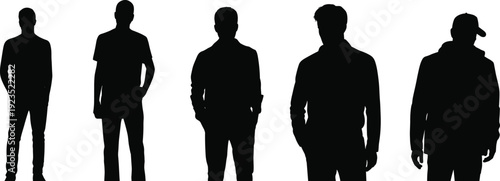 Men silhouettes collection, standing male figures in casual poses isolated on white background vector illustration design