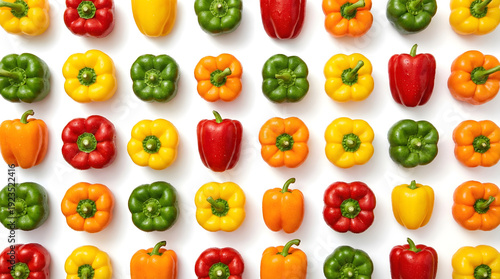 Colorful bell pepper pattern with red, yellow, orange, and green peppers on a white background, top view