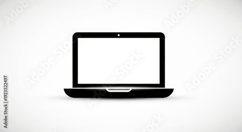 A minimalist black silhouette icon of a modern laptop computer with an open lid and a blank white screen, representing technology and digital work.