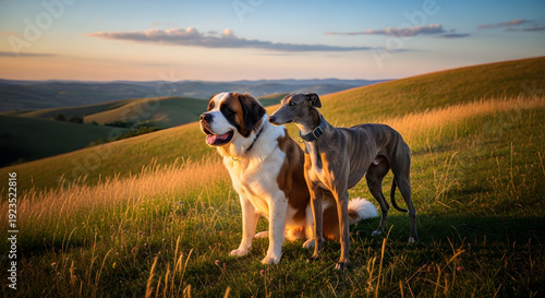 Two different breeds of dogs standing together on a grassy hill during a golden sunset with mountains in the distance