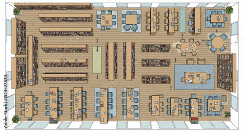 Top-down view of a large dining hall with tables and chairs for seating arrangements.
