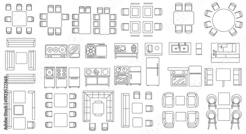Detailed architectural floor plan layouts showcasing various furniture arrangements and room designs.