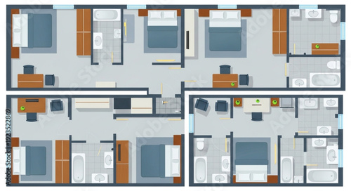 Detailed architectural floor plan showcasing multiple apartments with bedrooms and bathrooms.