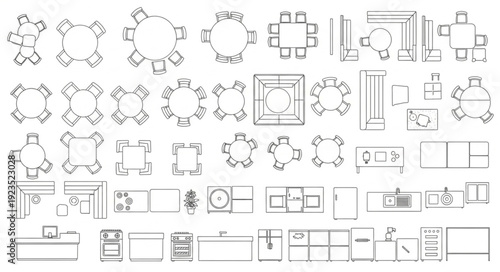 Architectural floor plan sketches of various furniture arrangements and layouts.