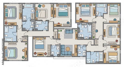 Detailed architectural floor plan showcasing multiple rooms and layouts for residential design.