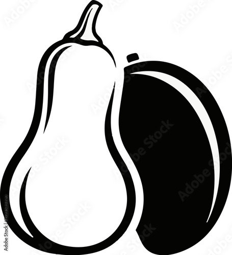 A graphic of a butternut squash and an avocado in black and white