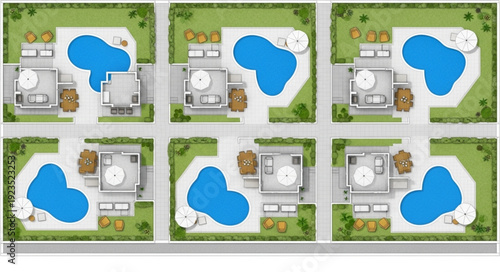 Aerial view of luxury villas with swimming pools and green lawns.