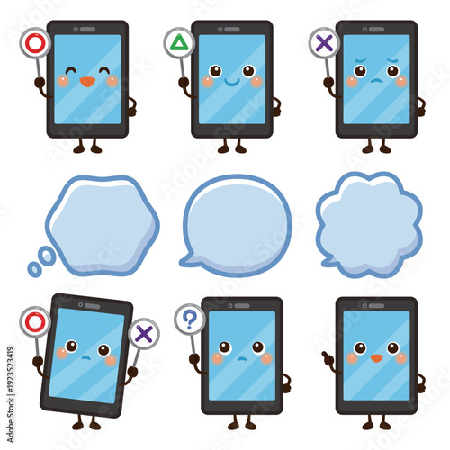 ○×△の札を持ったスマートフォンのキャラクターイラスト／Cute Smartphone Character Illustration Holding O, X, and Triangle Signs
