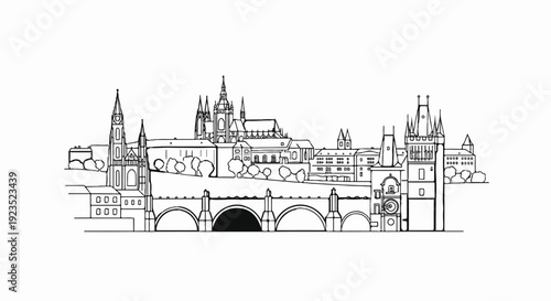 A detailed black and white line drawing of a historic city skyline with a prominent bridge