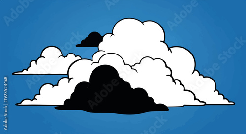 A cartoon depiction of white and black clouds against a textured blue sky