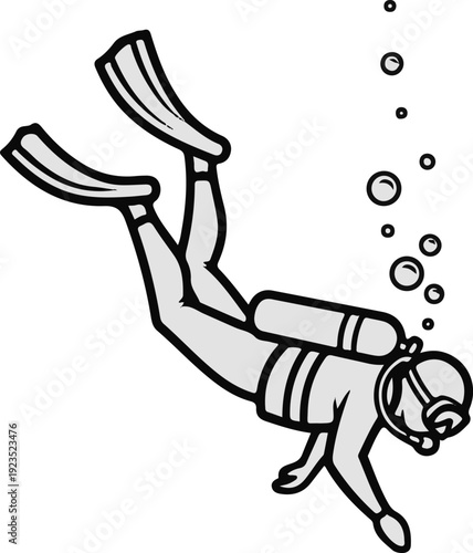 A cartoon diver in a mask, fins, and oxygen tank, swimming underwater