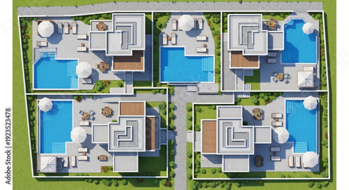 Aerial view of luxury villas with private pools and outdoor spaces.