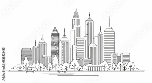 A sketched cityscape with tall buildings, trees, and cars on a street