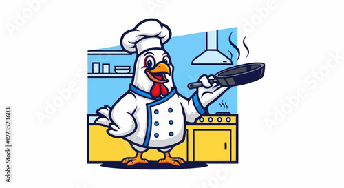 A cartoon chicken in a chef's hat and uniform cooks with a frying pan