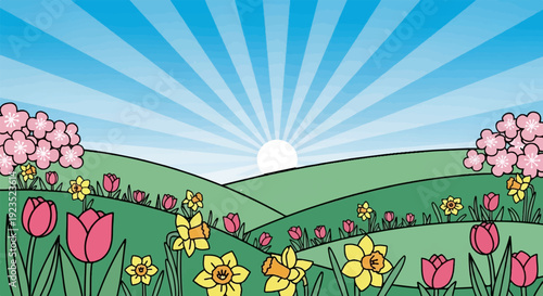 A cartoon spring landscape with rolling hills, blooming flowers, and a bright sunburst sky