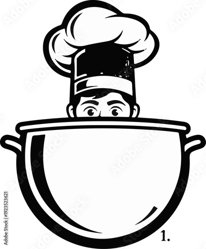 A cartoon chef peers out of a large cooking pot wearing a chef's hat