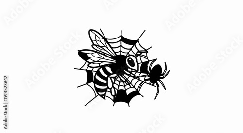 A cartoon bee struggles against a spider in a web