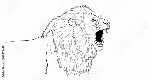 A detailed black and white line drawing of a lion's head roaring with its mouth wide open