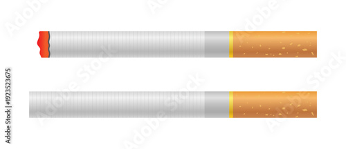 Lit and unlit cigarette vector set, tobacco cigarette front view isolated on white background