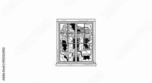 A broken window with shattered glass and wooden frame