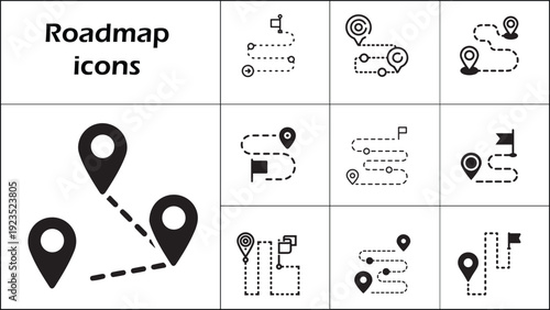 Roadmap Icons Set: Navigation Pins, Travel Routes, Path Planning, Destination Markers & Location Symbols for Maps