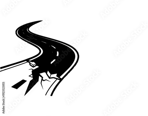 A broken, winding road with white lines and cracks, isolated on a white background