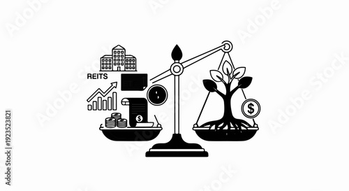 A balance scale shows financial assets on one side and a money tree on the other