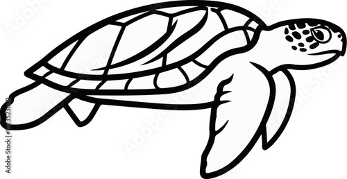 A simple black and white illustration of a sea turtle swimming
