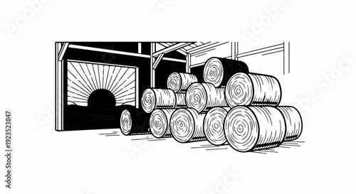 A barn interior with a sunrise scene and stacked bales of hay