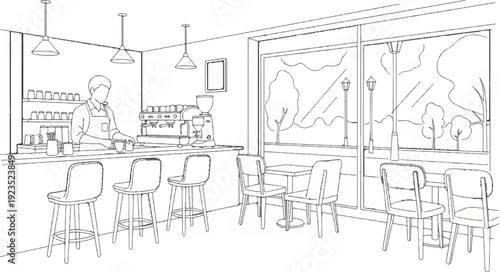 A barista prepares drinks behind a counter with stools, near tables by a window